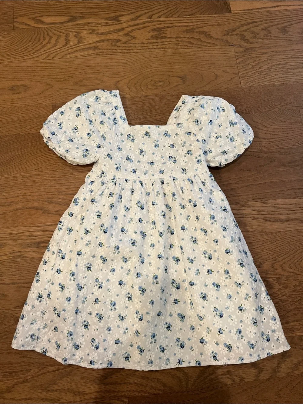 Copper Key White Dress with Blue Floral Print and Puff Sleeves
